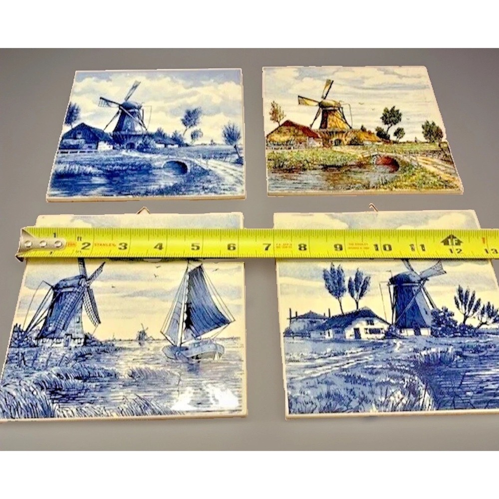 VTG Delft Tiles 4 PC 6x6 Wall Art MCM Retro Tiles Nautical Boho Blue Cottage